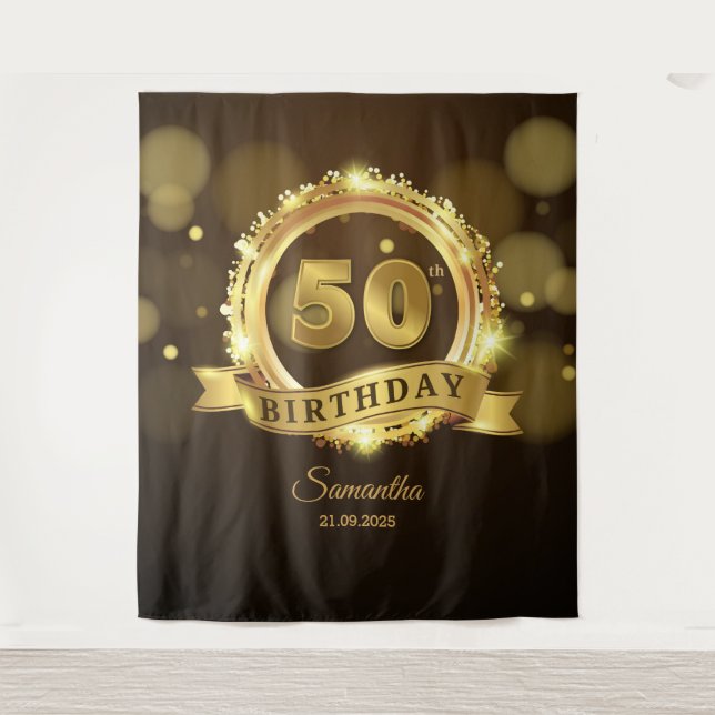 Personalised gold and black 50th birthday backdrop tapestry (Front)
