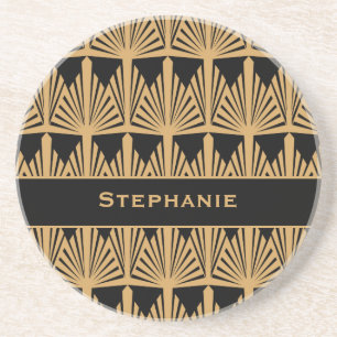 Personalised Gold and Black Art Deco Pattern Coaster