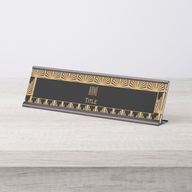 Personalised Gold and Black Art Deco Pattern Desk Name Plate (Front)