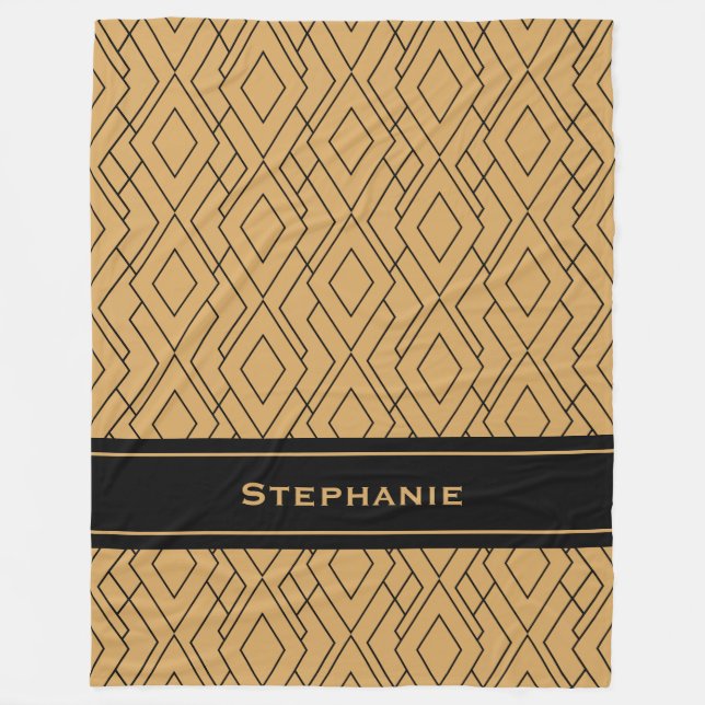 Personalised Gold and Black Art Deco Pattern Fleece Blanket (Front)