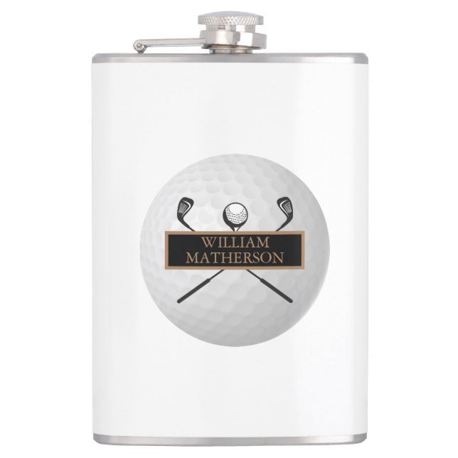 Personalised Gold and Black Golf Ball Classic Hip Flask (Front)