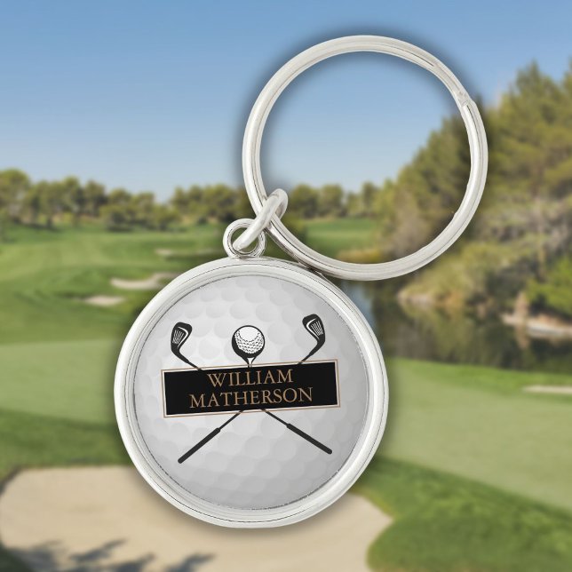 Personalised Gold and Black Golf Clubs And Ball  Key Ring (Personalized Gold and Black Golf Clubs And Ball Keychain)