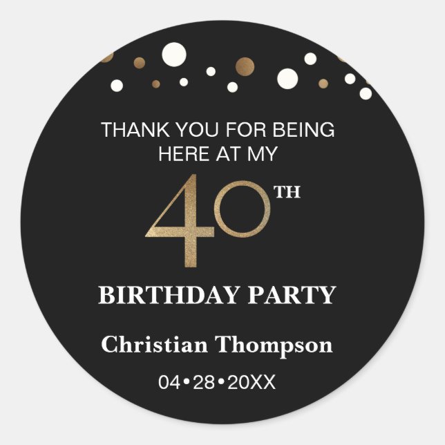 Personalised Gold and black theme, 40th birthday Classic Round Sticker (Front)