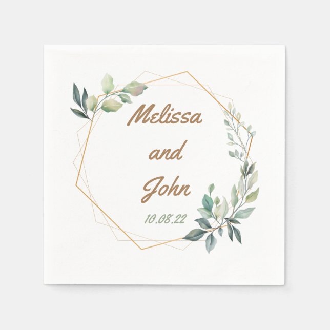 Personalised Gold and Green Wedding  Napkin (Front)