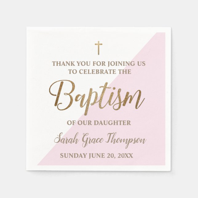 Personalised gold and pink white baby girl baptism napkin (Front)