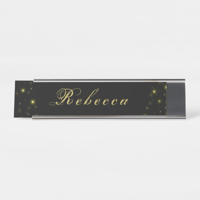 Personalised Gold and sparkles stars on black Desk Name Plate (Front)