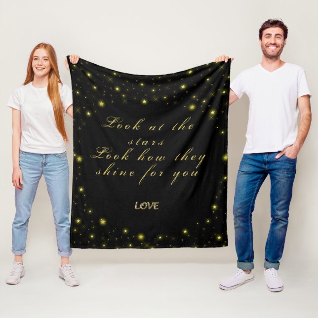 Personalised Gold and sparkles stars on black Fleece Blanket (In Situ)