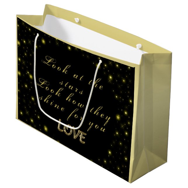 Personalised Gold and sparkles stars on black  Large Gift Bag (Front Angled)