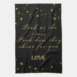 Personalised Gold and sparkles stars on black Tea Towel