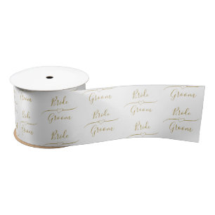 Personalised Gold and White Bride and Groom  Satin Ribbon