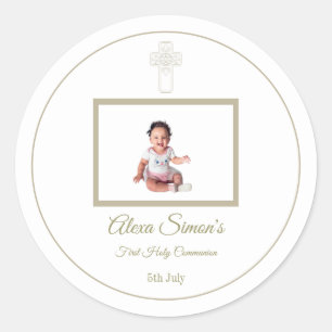 Personalised Gold and White First Holy Communion Classic Round Sticker