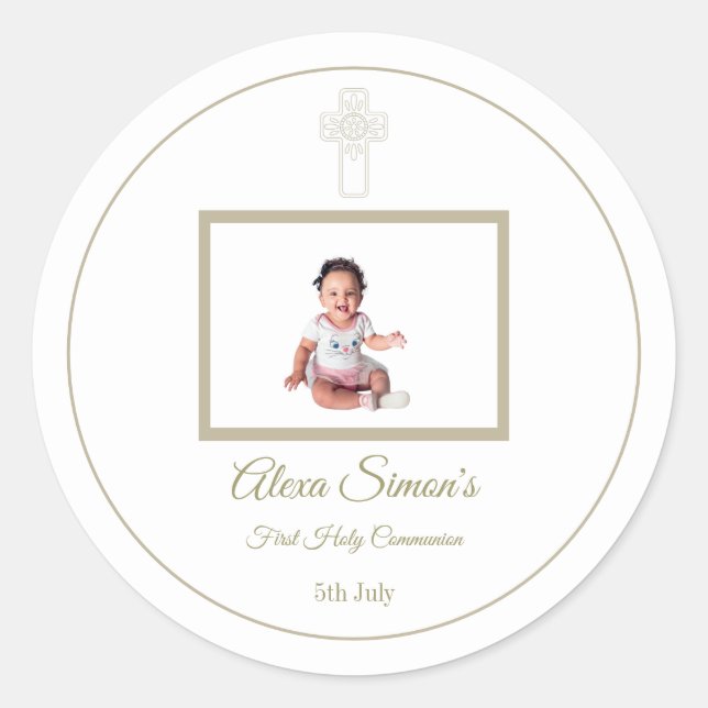 Personalised Gold and White First Holy Communion Classic Round Sticker (Front)