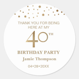 Personalised Gold and white theme 40th birthday Classic Round Sticker