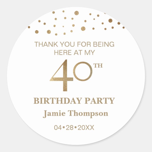 Personalised Gold and white theme 40th birthday Classic Round Sticker (Front)
