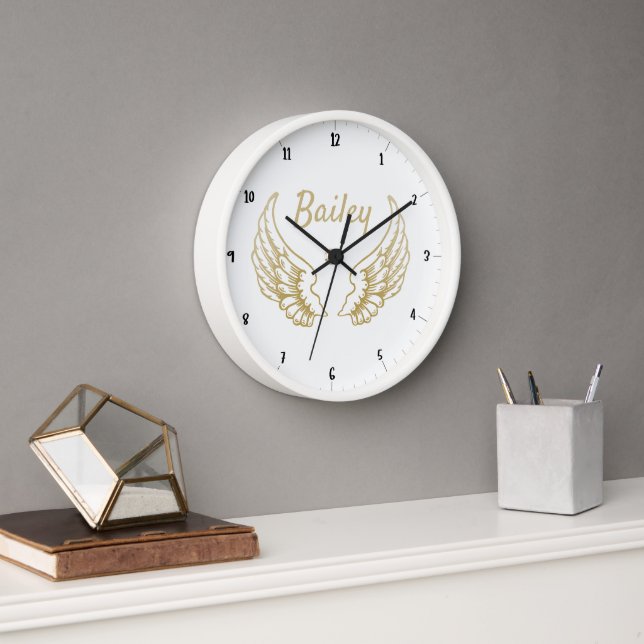 PERSONALISED GOLD ANGEL WINGS CLOCK (Office)