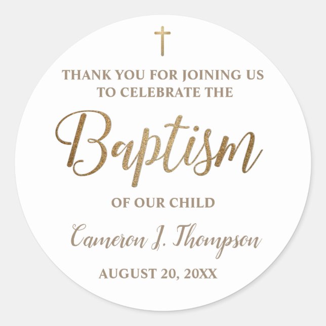 Personalised Gold Baby baptism thank you Classic Round Sticker (Front)