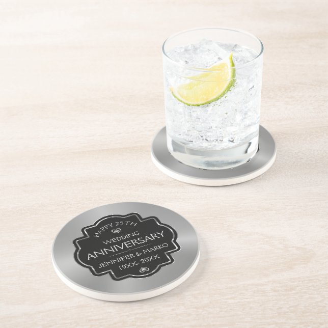 Personalised Gold & Black 25th Wedding Anniversary Coaster (Side)