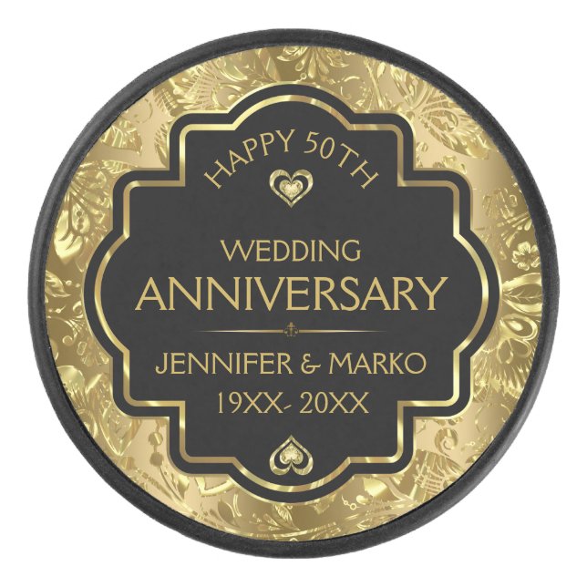 Personalised Gold & Black 50th Wedding Anniversary Hockey Puck (Front)