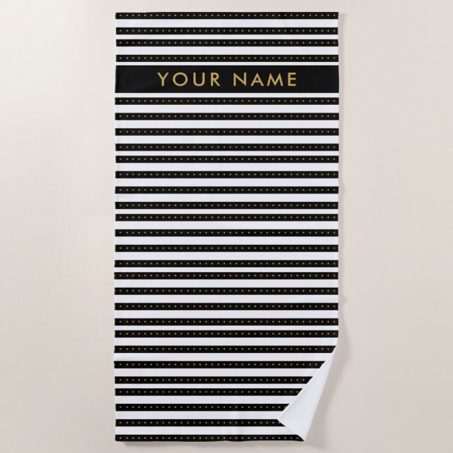 Personalised Gold,Black And White Striped Beach Towel (Front)