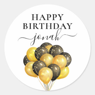 Personalised Gold Black Balloons Happy Birthday Classic Round Sticker