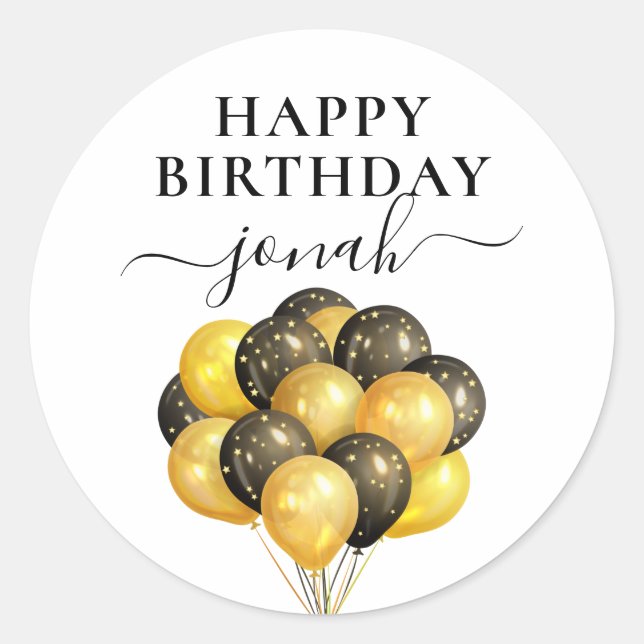 Personalised Gold Black Balloons Happy Birthday Classic Round Sticker (Front)