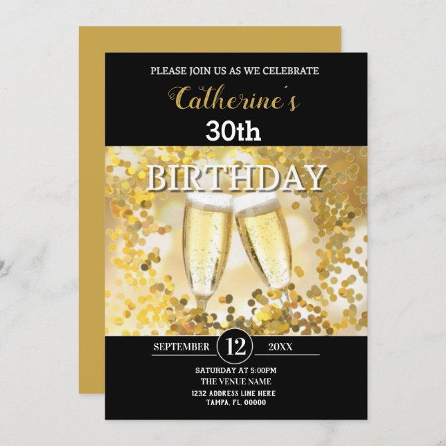 Personalised Gold & Black Birthday Invitation (Front/Back)