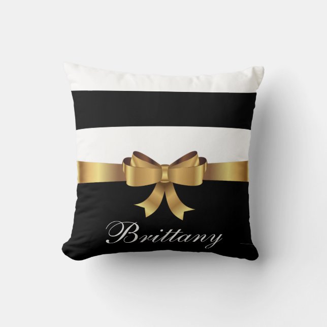 Personalised Gold, Black Bold Stripes ELEGANT BOW Cushion (Front)