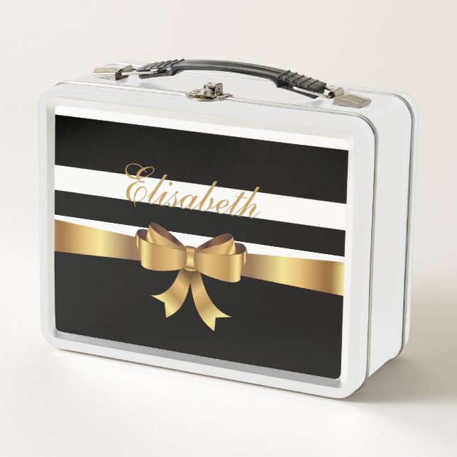 Personalised Gold, Black Bold Stripes ELEGANT BOW Metal Lunch Box (Front)