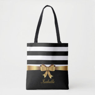 Personalised Gold, Black Bold Stripes ELEGANT BOW Tote Bag