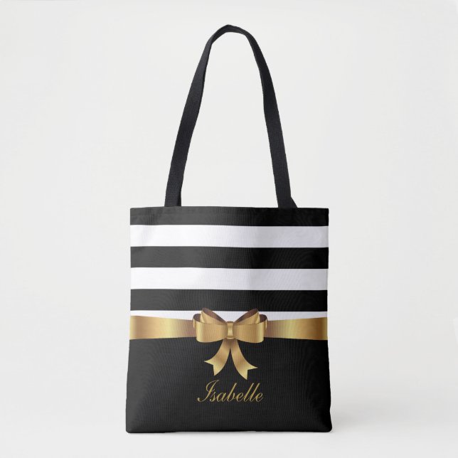 Personalised Gold, Black Bold Stripes ELEGANT BOW Tote Bag (Front)