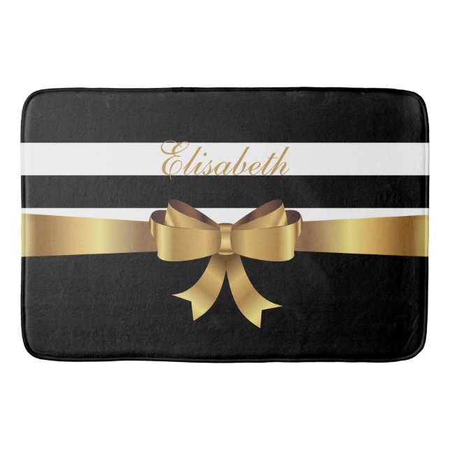 Personalised Gold, Black Bold Stripes Golden BOW Bath Mat (Front)