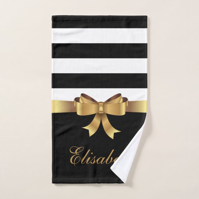 Personalised Gold, Black Bold Stripes Golden BOW Bath Towel Set (Hand Towel)