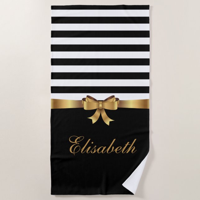 Personalised Gold, Black Bold Stripes Golden BOW Beach Towel (Front)