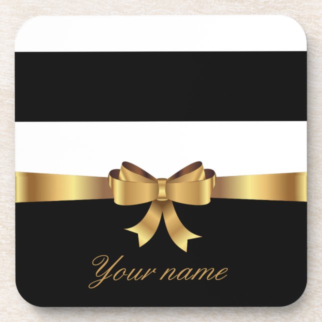 Personalised Gold, Black Bold Stripes Golden BOW Coaster (Front)