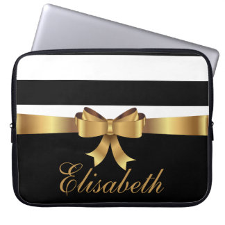 Personalised Gold, Black Bold Stripes Golden BOW Laptop Sleeve