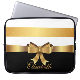 Personalised Gold, Black Bold Stripes Golden BOW Laptop Sleeve
