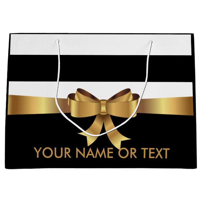 Personalised Gold, Black Bold Stripes Golden BOW Large Gift Bag (Front)