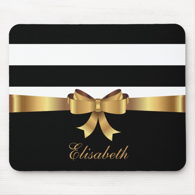 Personalised Gold, Black Bold Stripes Golden BOW Mouse Mat (Front)