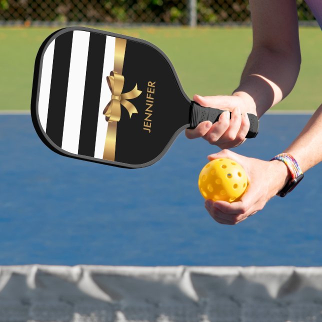 Personalised Gold, Black Bold Stripes Golden BOW  Pickleball Paddle (Insitu)