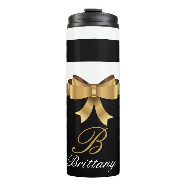 Personalised Gold, Black Bold Stripes Golden BOW Thermal Tumbler (Front)