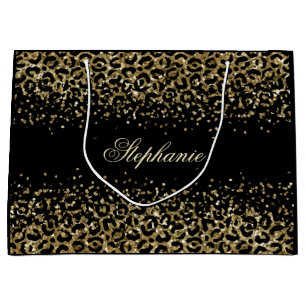 Personalised Gold Black Leopard Print Glitter Large Gift Bag