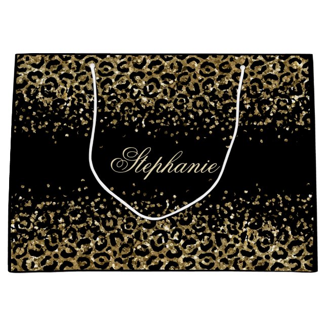 Personalised Gold Black Leopard Print Glitter  Large Gift Bag (Front)