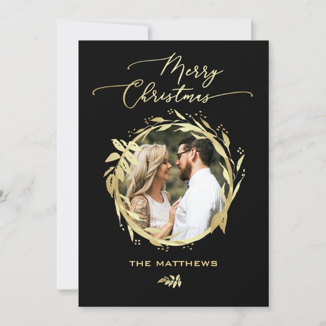 Personalised Gold Black Merry Christmas Photo Holiday Card (Front)