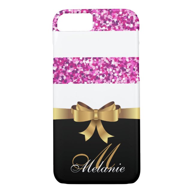 Personalised Gold, Black PINK GLITTER STRIPES BOW Case-Mate iPhone Case (Back)