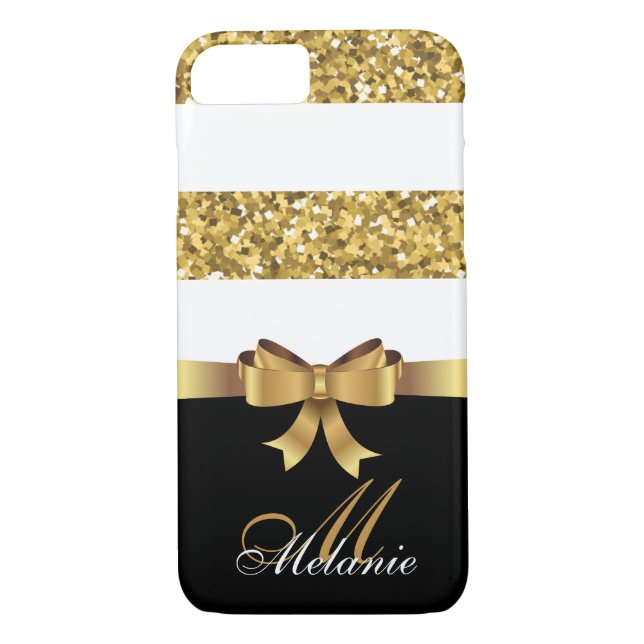 Personalised Gold, Black white GLITTER STRIPES BOW Case-Mate iPhone Case (Back)