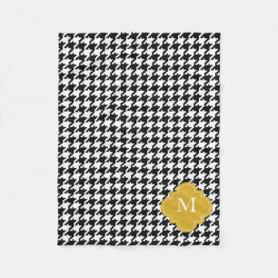 Personalised Gold Black White Houndstooth Pattern Fleece Blanket