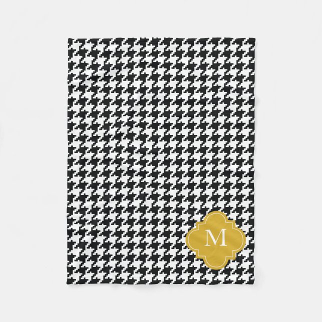 Personalised Gold Black White Houndstooth Pattern Fleece Blanket (Front)