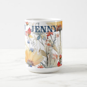 Personalised Gold Blue Boho Wildflowers Mug