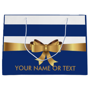 Personalised Gold,  Blue Bold Stripes Golden BOW  Large Gift Bag