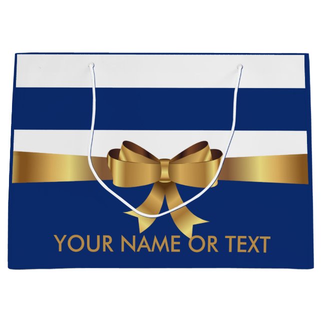 Personalised Gold,  Blue Bold Stripes Golden BOW  Large Gift Bag (Front)